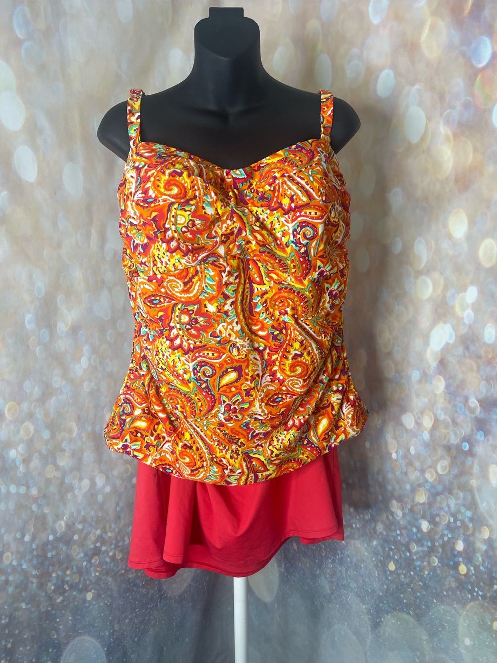 Chaps  Tankini w Skirt Set Women’s 16W Paisley Coral Orange